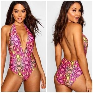 Boohoo Pink Neon Snake Print Deep Plunge One Piece Swimsuit Size 12